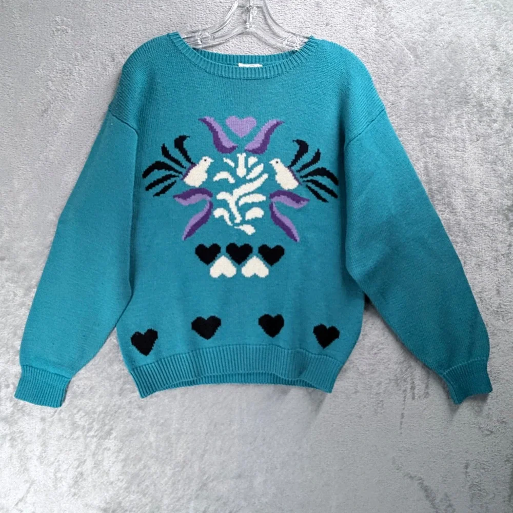 Tan Jay Lovebird Heart Novelty Knit Sweater Birds‎ Hearts Blue Womens Small